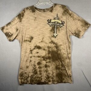Affliction Shirt Mens XXL Beige Brown Skull Y2K Cross Wings Grunge Skull 2XL Tee